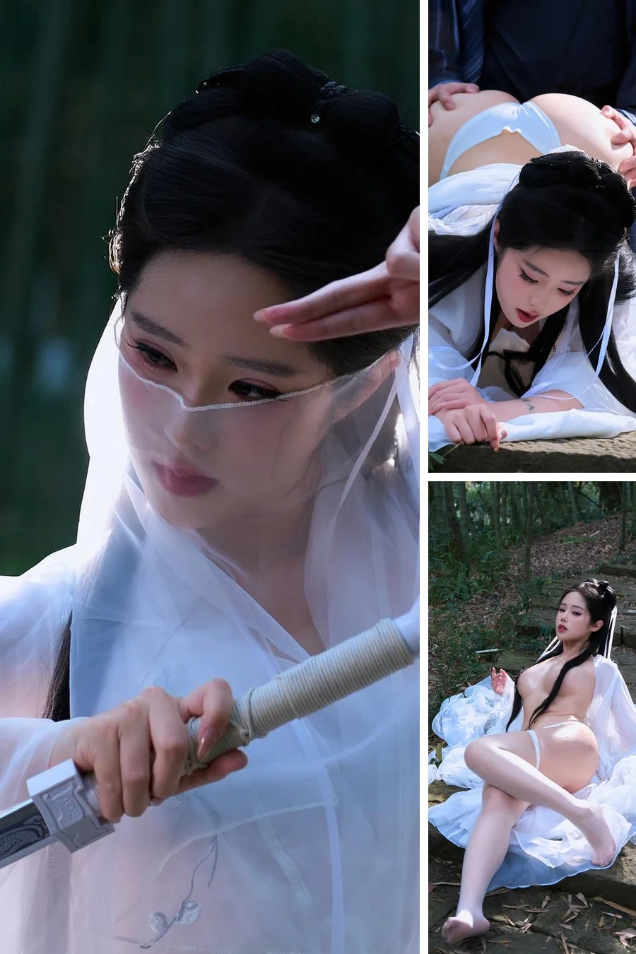 Ảnh cosplay gái xinh mặc áo trắng cầm gươm trong rừng, liên quan đến từ khóa sex cosplay ảnh