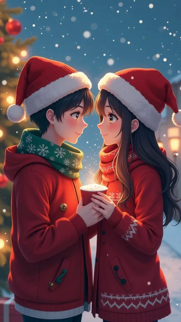 Hình nền đôi tình nhân với mũ giáng sinh