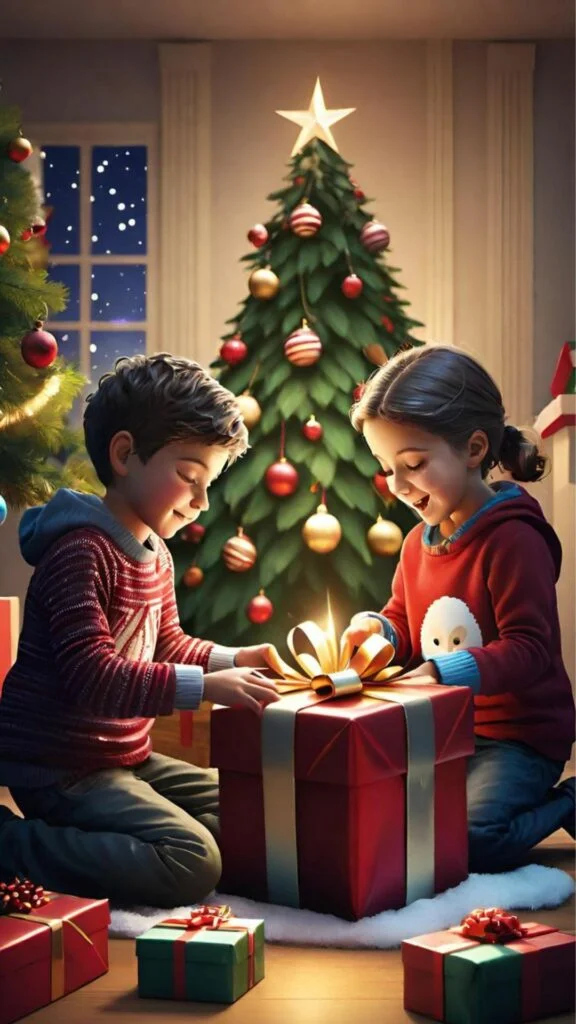 Hình nền hai bé bên cây thông và quà Noel