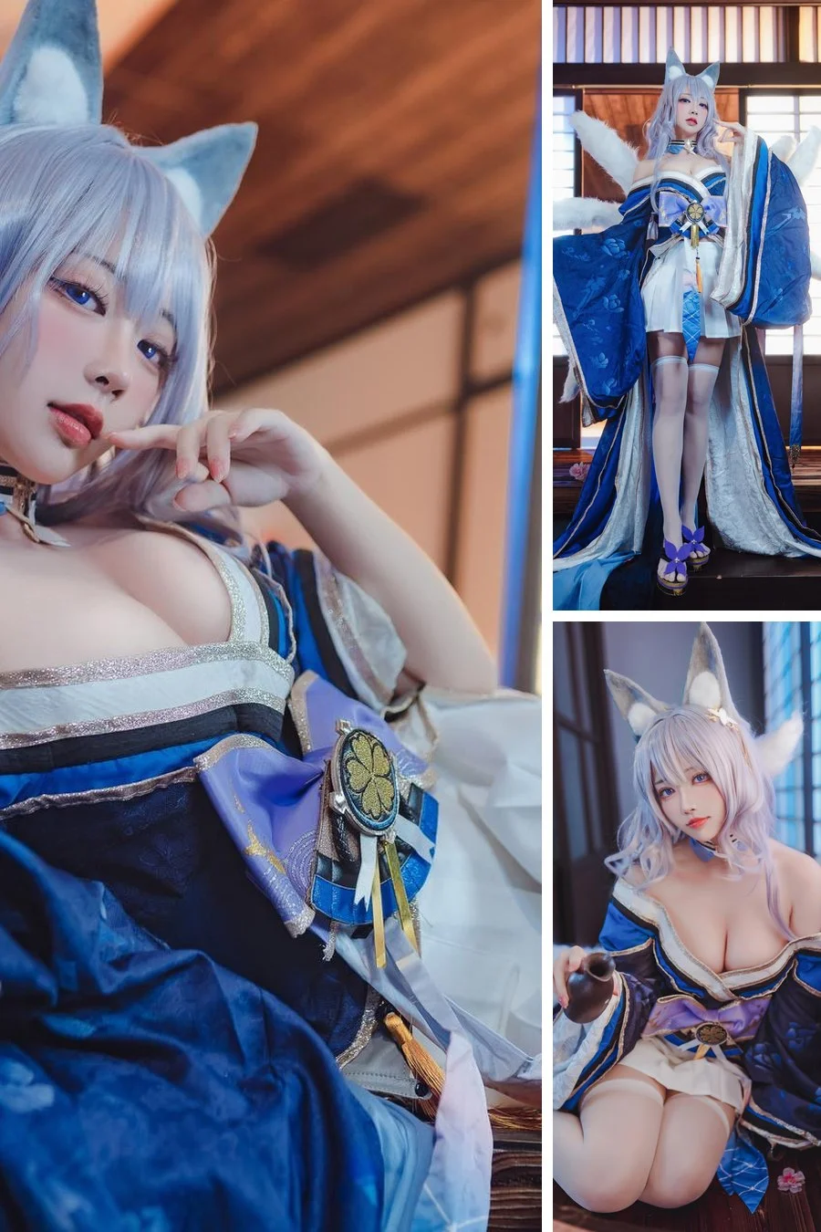 gái xinh cosplay xxx hóa thân thành nhân vật hồ ly tóc bạc mặc kimono xanh trong không gian Nhật Bản