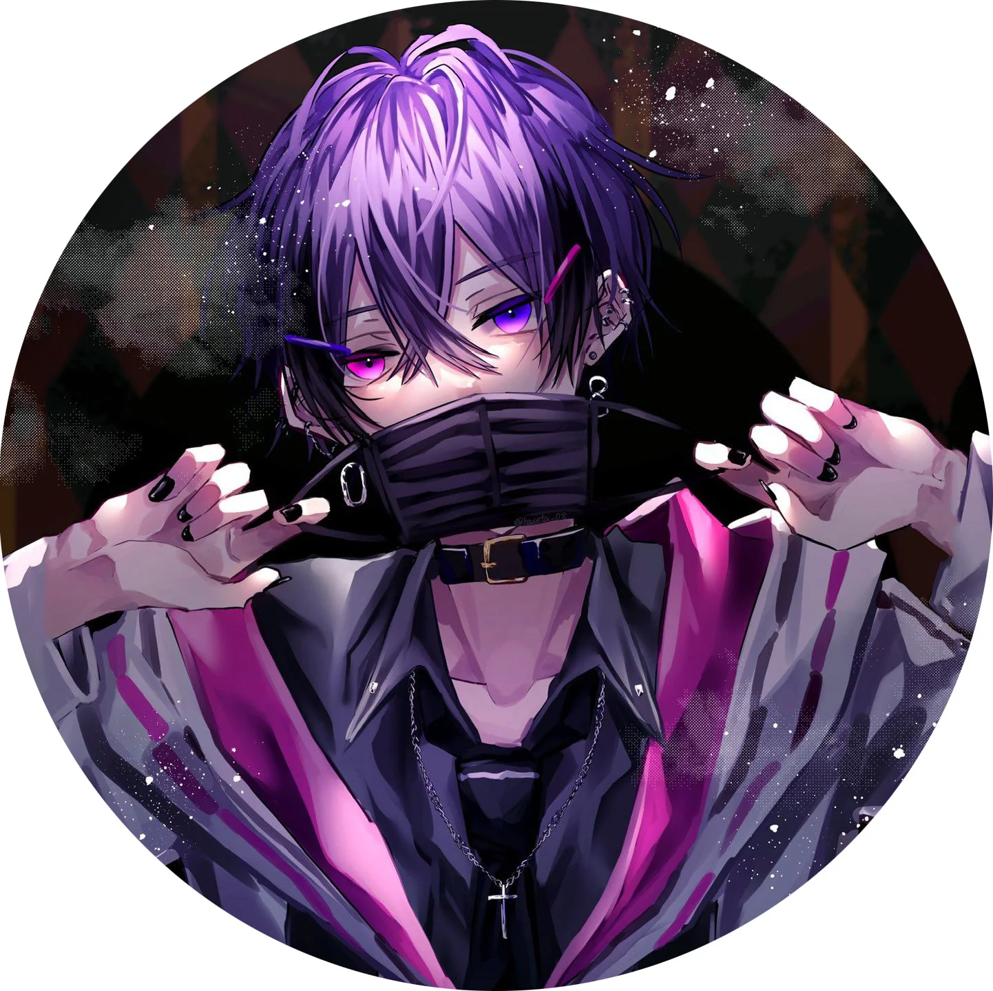 avatar nam anime tóc tím đeo khẩu trang, nền tròn tối giản