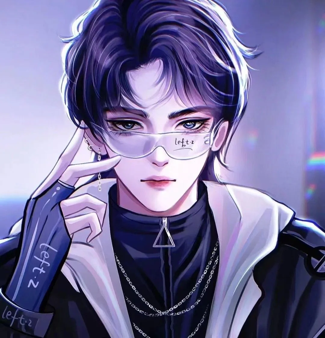avatar ngầu nam anime tóc tím đeo kính, phong cách lạnh lùng