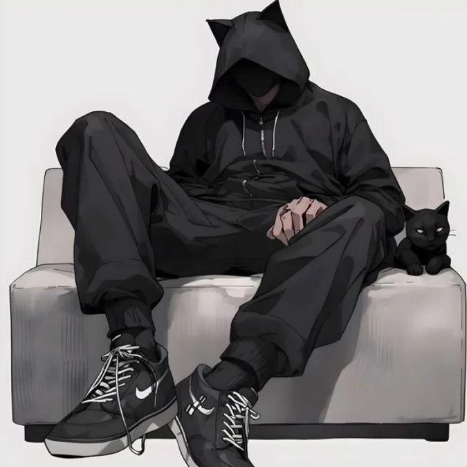 avatar ngầu nam mặc hoodie đen ngồi trên ghế cùng mèo đen