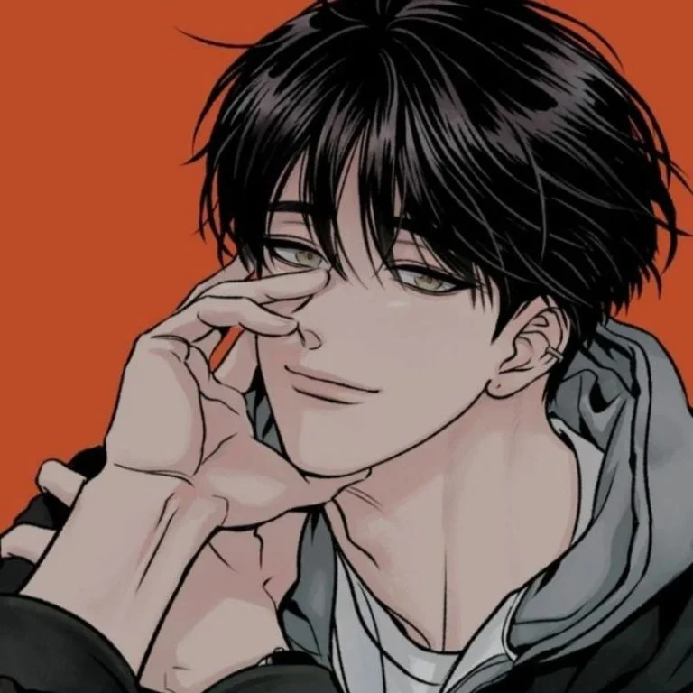 avatar nam anime tóc đen nét vẽ trên nền cam nổi bật