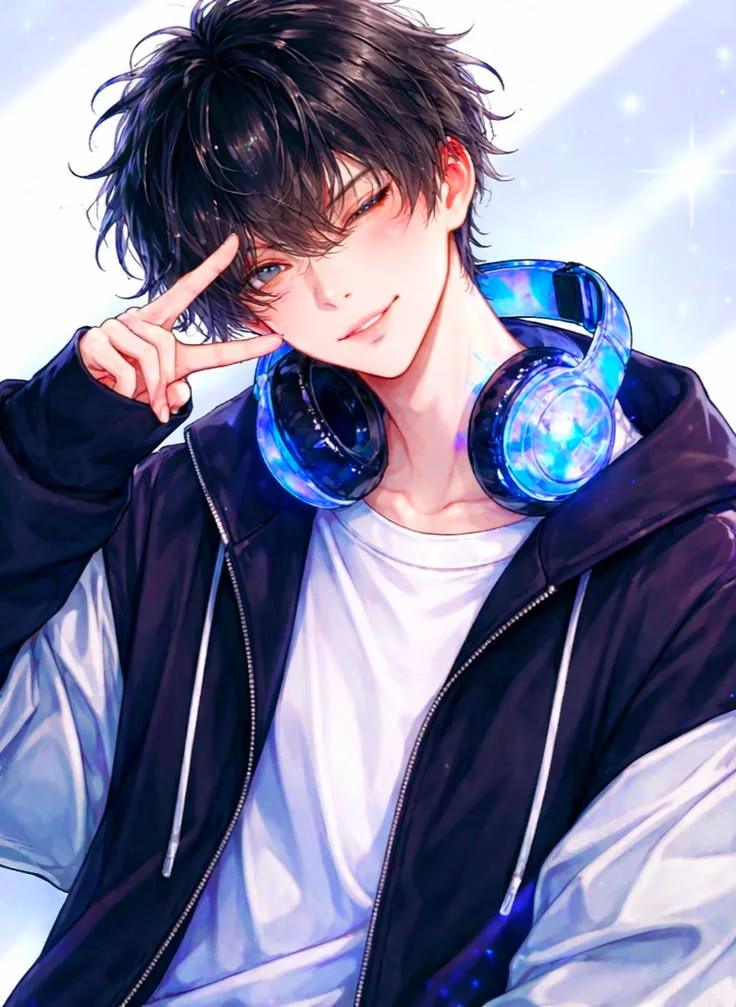 avatar ngầu nam anime đeo tai nghe gaming, nụ cười tự tin