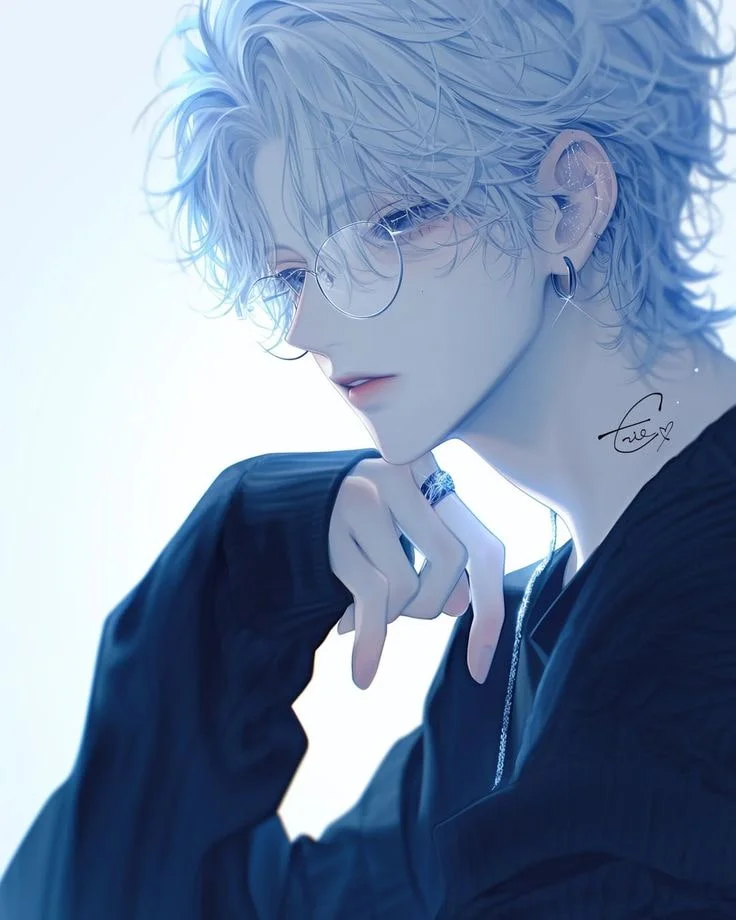 avatar nam anime tóc xanh dương nhạt đeo kính, phong cách dịu dàng