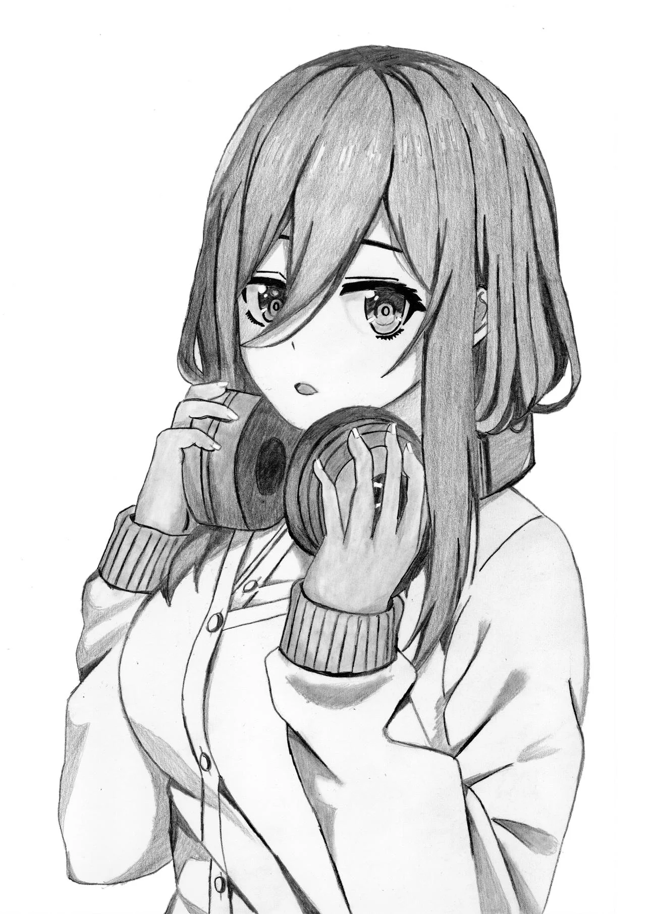Hình vẽ anime đen trắng cô gái đeo tai nghe
