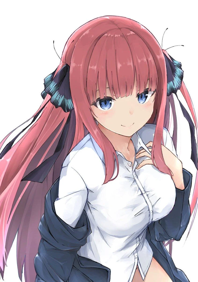 Hình ảnh gái xinh anime với mái tóc hồng dài, đôi mắt xanh và trang phục trắng trên nền trắng