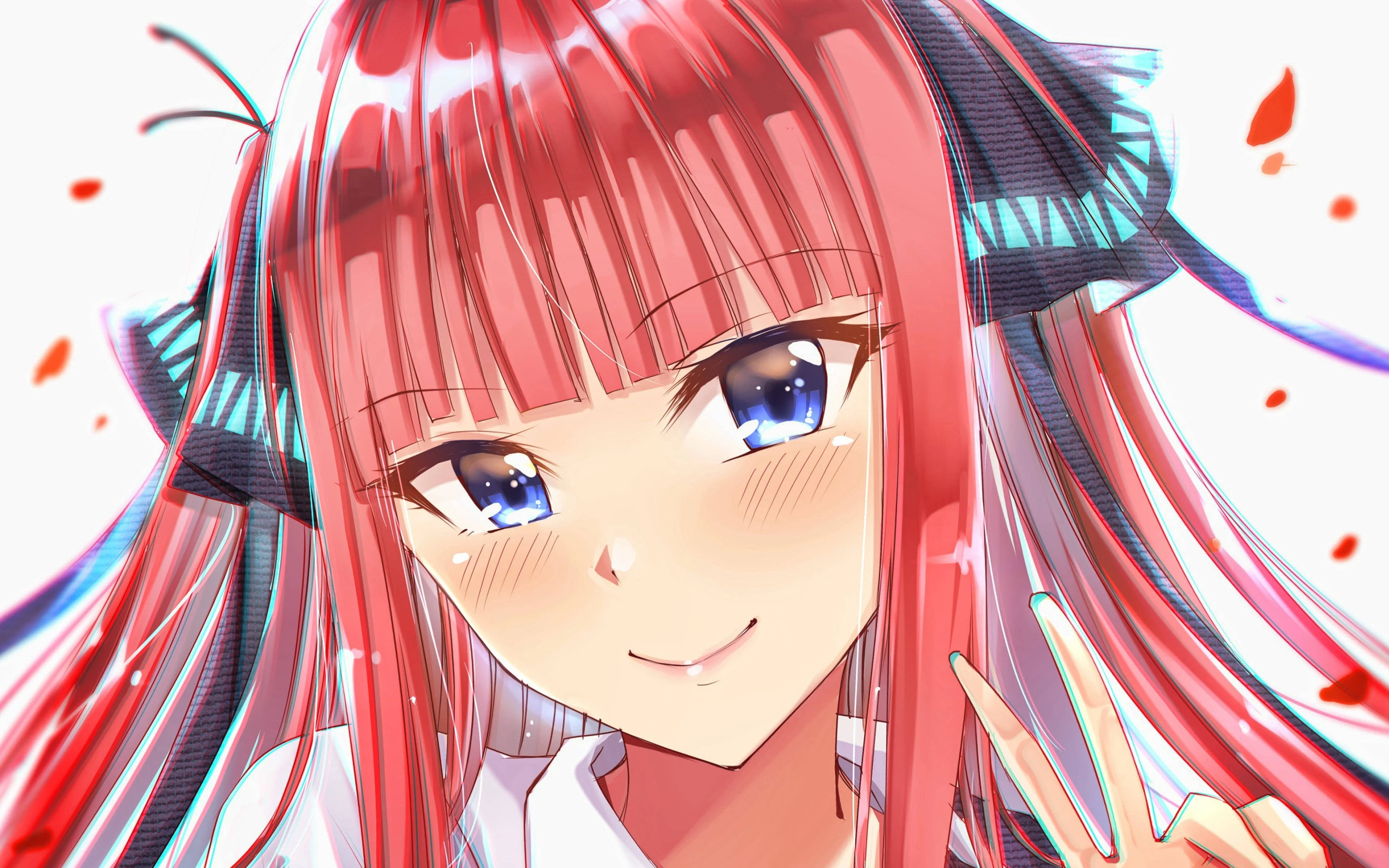 Hình ảnh gái xinh anime tóc hồng đỏ, mắt xanh lấp lánh và tạo dáng chữ V dễ thương
