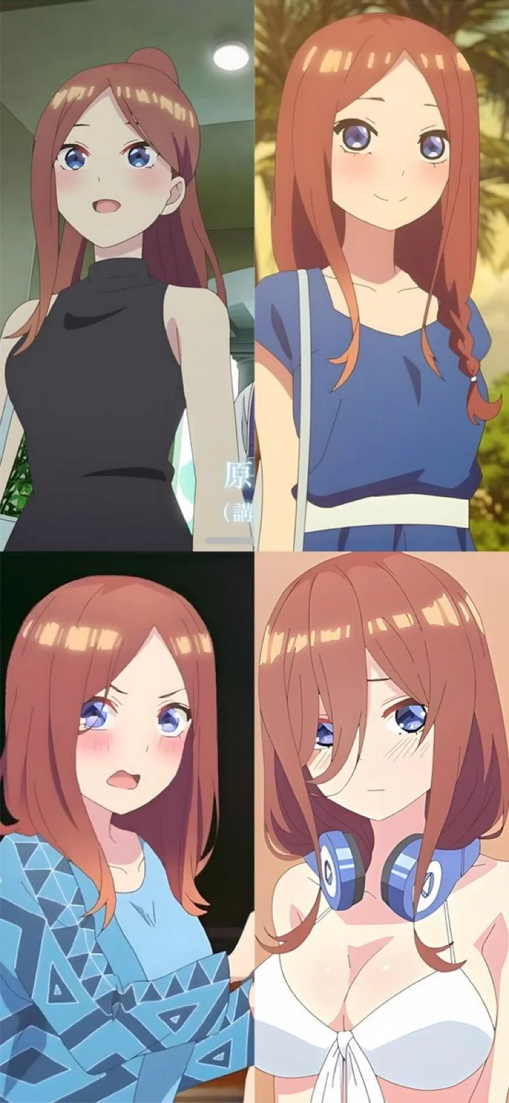Bốn cô gái anime với nhiều kiểu tóc và trang phục khác nhau