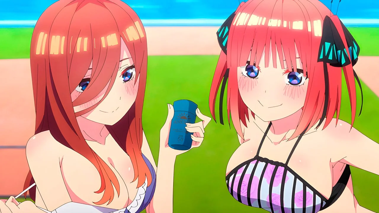 Hai cô gái anime tóc đỏ và tóc hồng trò chuyện bên hồ bơi