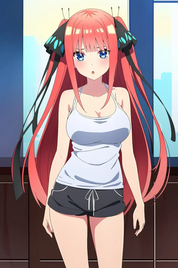 Cô gái anime tóc hồng mặc áo ba lỗ trắng và quần short đen