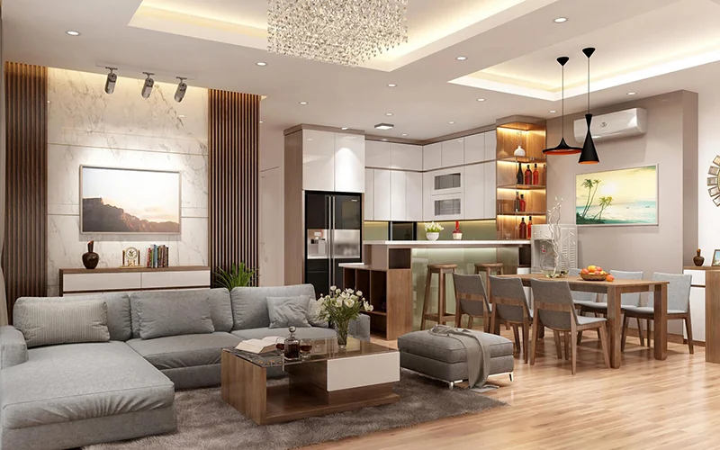 Phòng khách và phòng bếp được thiết kế liền với nội thất chất liệu cao cấp, tạo không gian sang trọng, tiện nghi