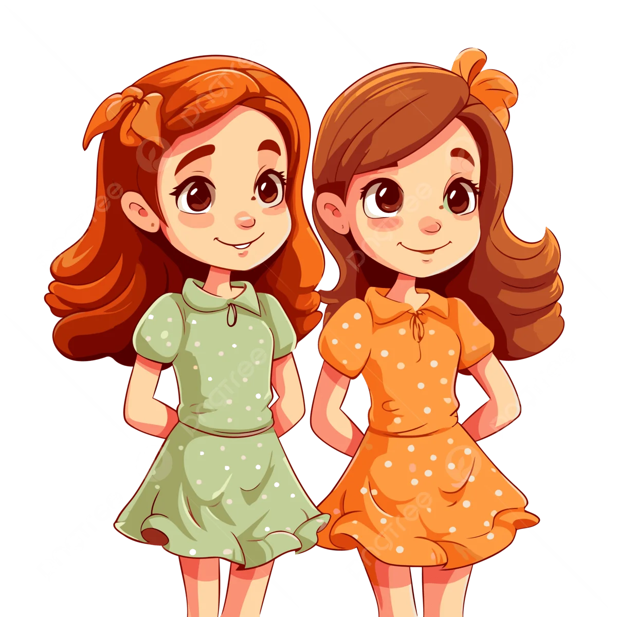 Hình ảnh Vector Hai Chị Em PNG , Sticker Clipart Hai Cô Gái Hoạt Hình Mặc Váy Màu Cam Và đeo Nơ, Nhãn Dán, Clip Nghệ Thuật PNG và Vector với nền