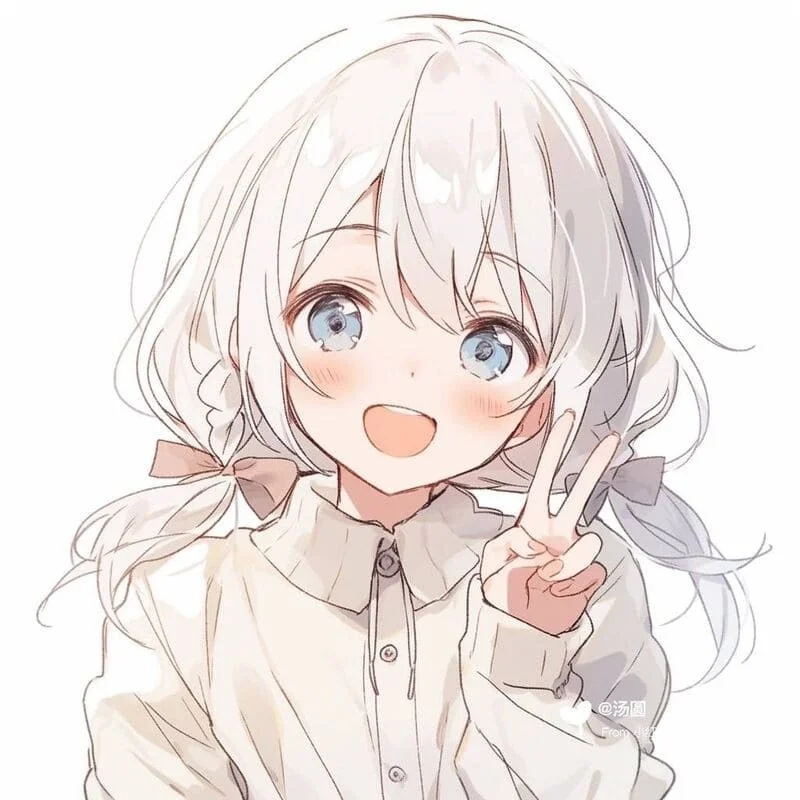 Hình ảnh anime cô gái tóc trắng mắt xanh làm dấu peace với phong cách pastel dễ thương