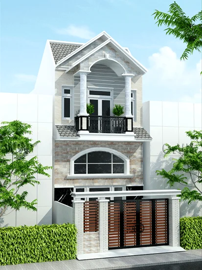 Mẫu nhà ống 2 tầng hiện đại màu trắng và đá, có ban công tầng hai và lối vào sang trọng.