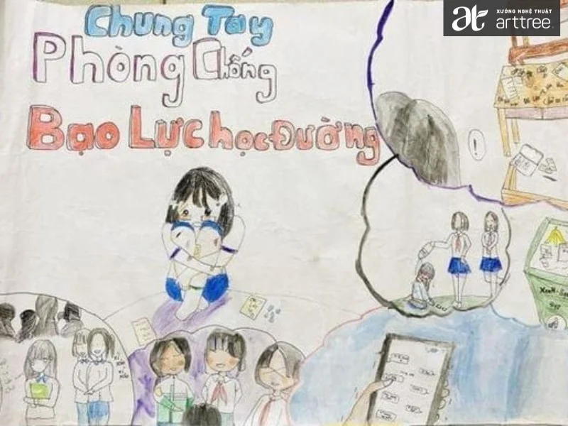 Vẽ tranh bạo lực học đường đẹp nhất với thông điệp chung tay bảo vệ học sinh