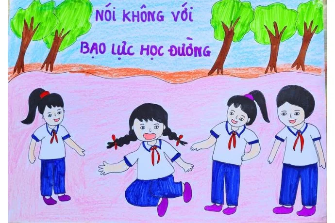 tranh ve hoc sinh vui choi khong bao luc hoc duong
