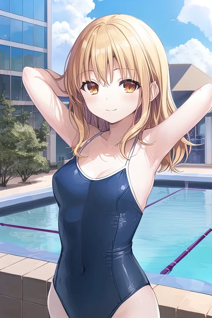 Ảnh anime cô gái Shiina Mahiru mặc áo bơi màu xanh bên bể bơi, shiina mahiru hentai