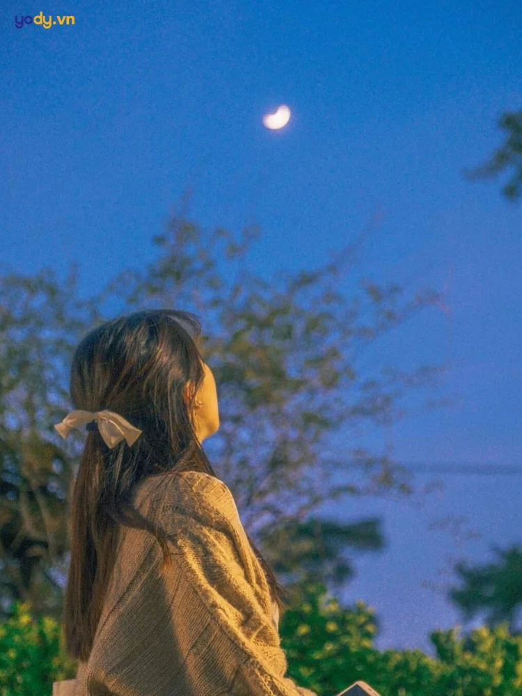 Cô gái che mặt ngắm trăng dưới bầu trời đêm