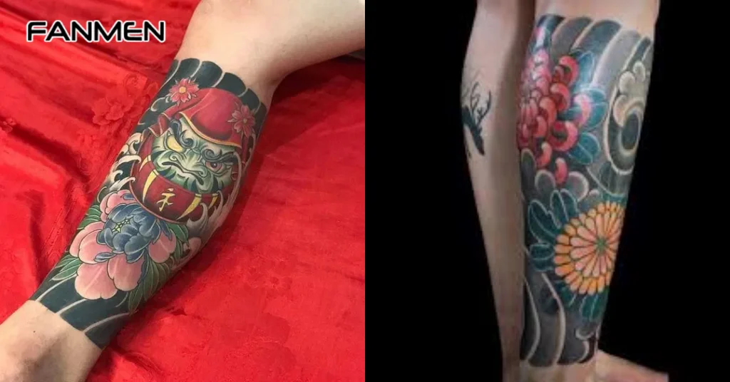 Hình xăm búp bê Daruma trên bắp chân