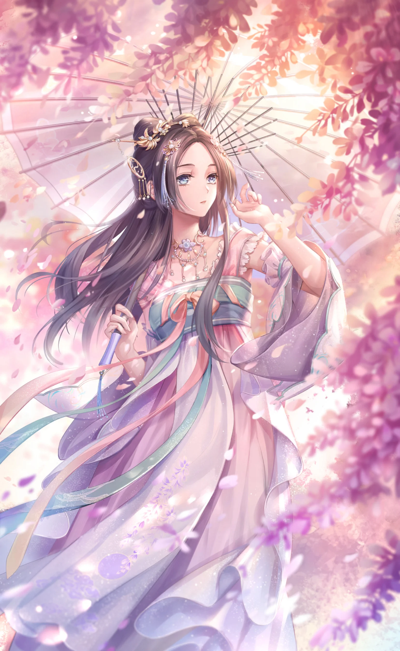 Hình ảnh anime thiếu nữ mặc cổ trang cầm ô dưới rừng hoa anh đào lãng mạn.