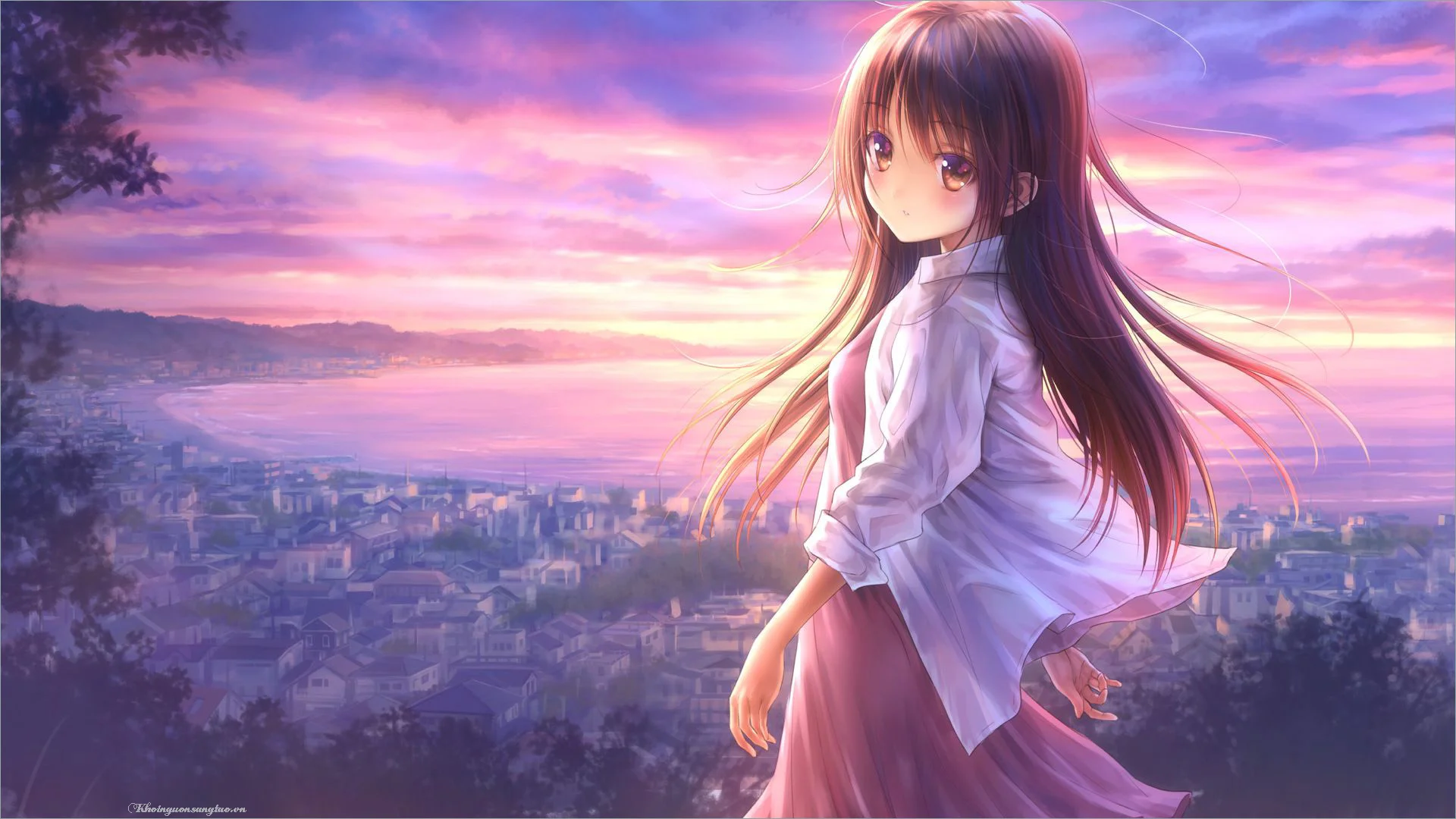 hình ảnh anime cô gái đứng nhìn cảnh thành phố lúc hoàng hôn