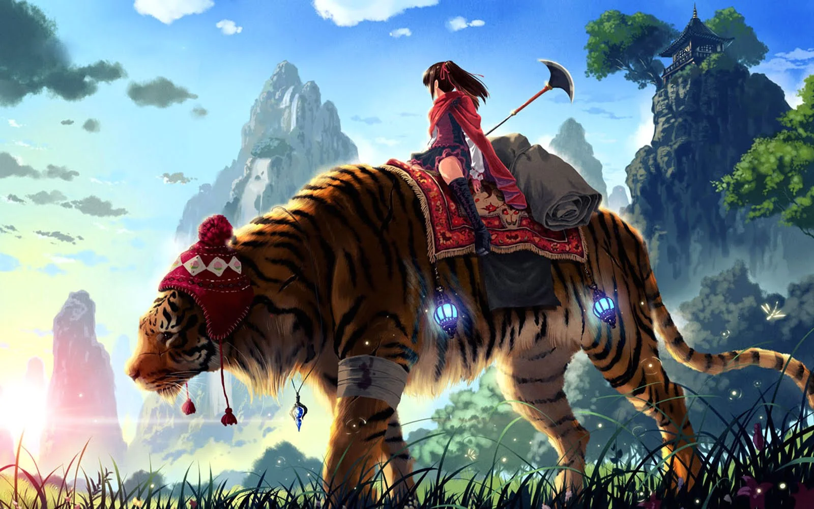 nhân vật anime cưỡi hổ trong khung cảnh kỳ ảo