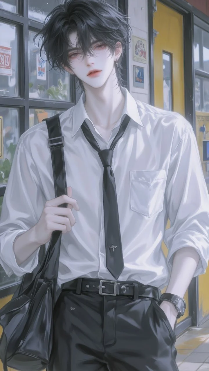 nam sinh anime mặc sơ mi trắng đeo cà vạt
