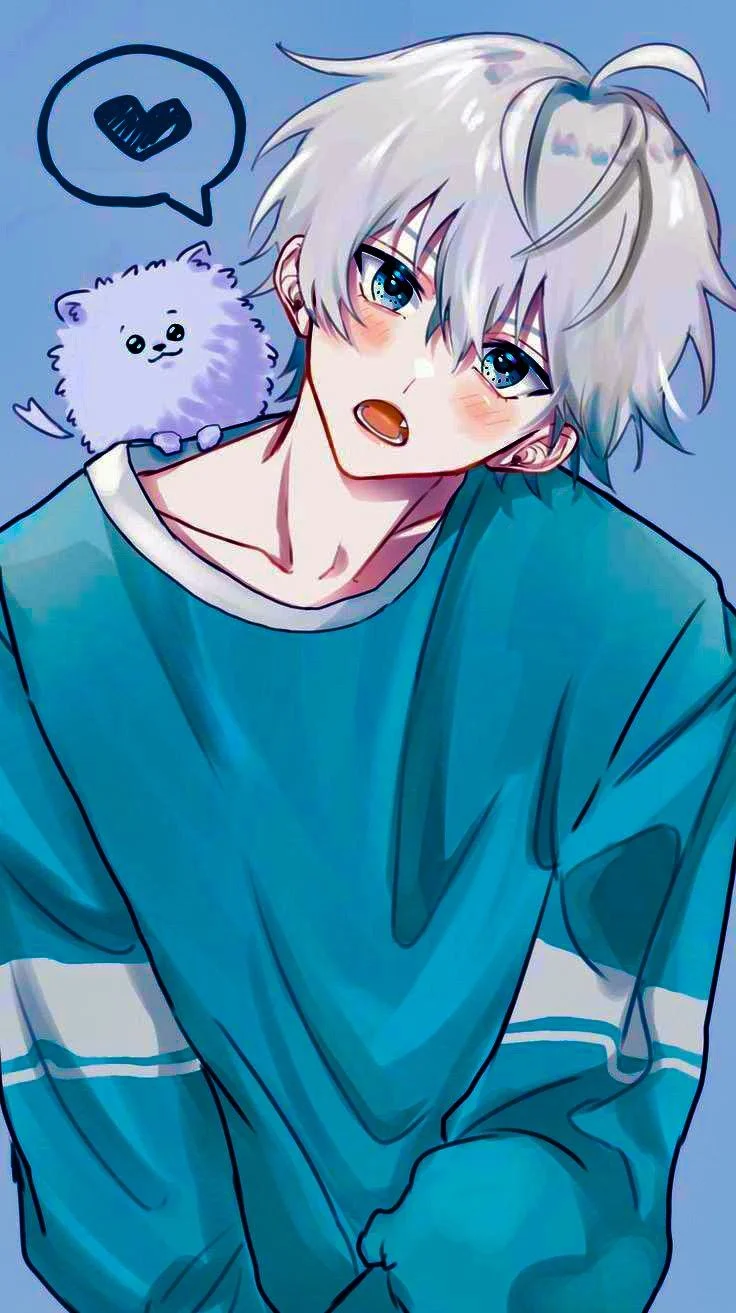 hình ảnh anime chàng trai tóc trắng và thú cưng dễ thương