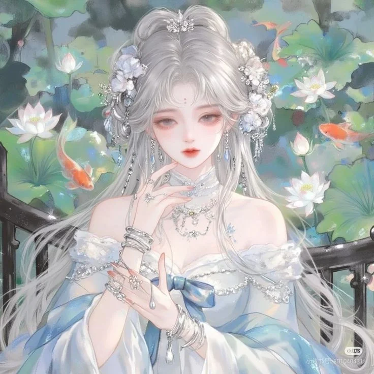 hình ảnh anime thiếu nữ xinh đẹp mặc cổ trang bên hồ sen