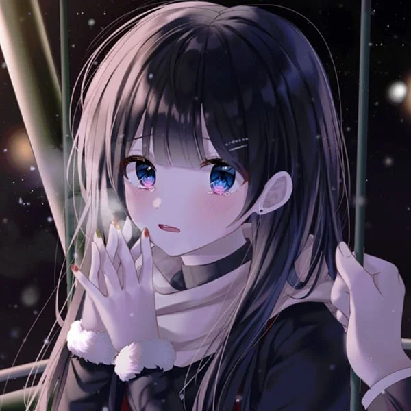 Hình ảnh anime cô gái buồn khóc dưới trời tuyết rơi.
