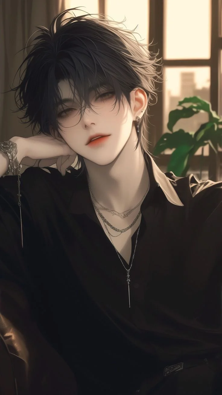 chàng trai anime mặc áo sơ mi đen nam tính