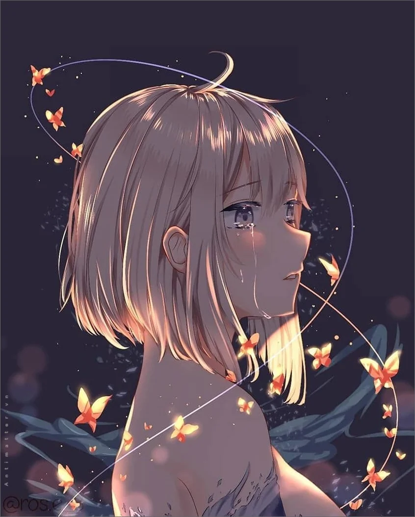 hình ảnh anime cô gái xinh đẹp đang khóc với những cánh bướm phát sáng rực rỡ