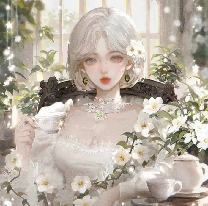 Hình ảnh anime cô gái tóc trắng xinh đẹp đang thưởng trà giữa vườn hoa.