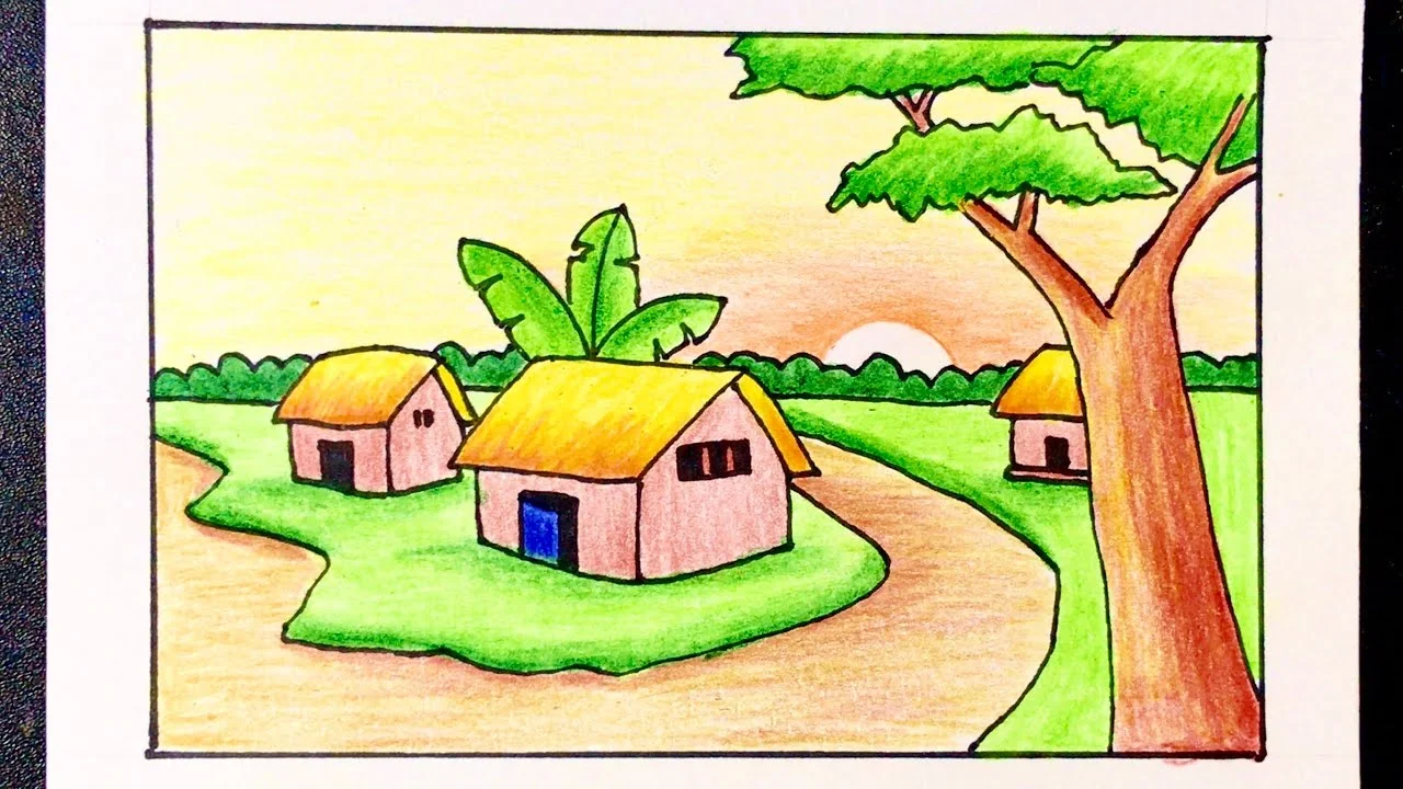 Tranh vẽ phong cảnh làng quê đơn giản