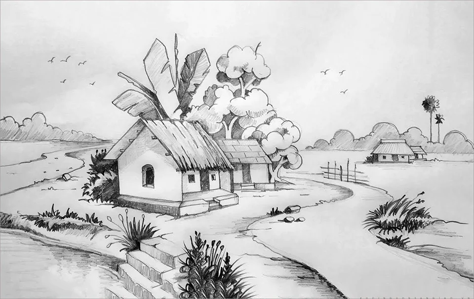 Tranh vẽ phong cảnh làng quê bằng bút chì
