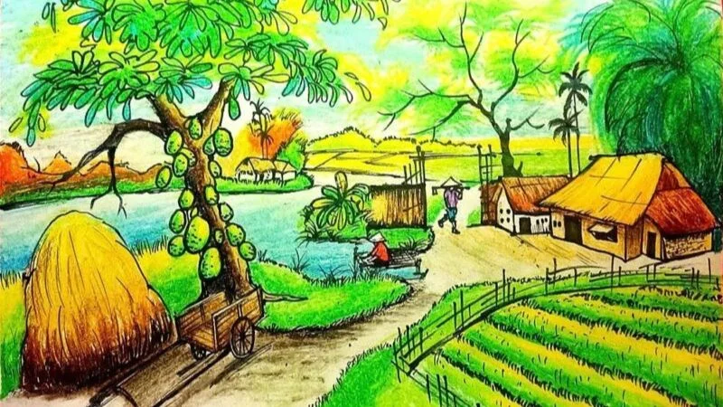 Tranh vẽ phong cảnh cánh đồng làng quê