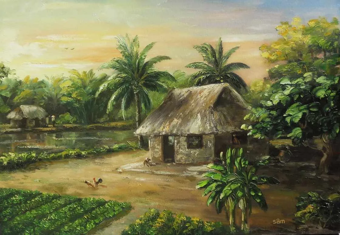 Tranh vẽ phong cảnh thiên nhiên làng quê