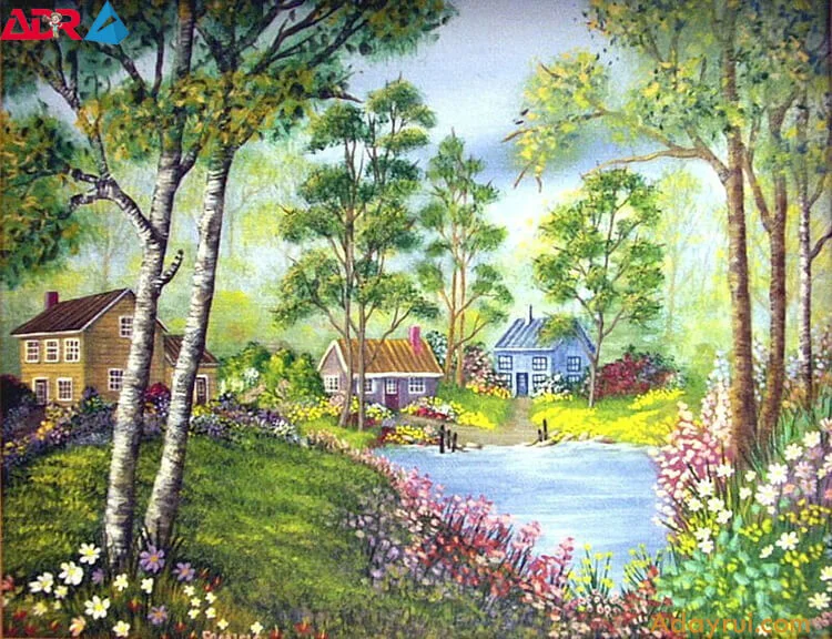 Tranh vẽ phong cảnh ngôi nhà bên hồ