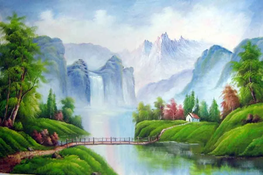 Tranh vẽ phong cảnh thiên nhiên núi rừng, thác nước và ngôi nhà bên suối.