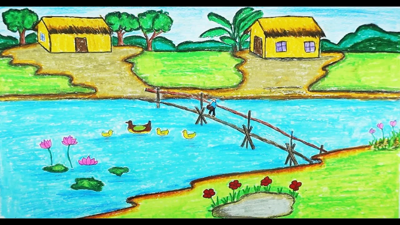Tranh vẽ phong cảnh cầu tre qua sông