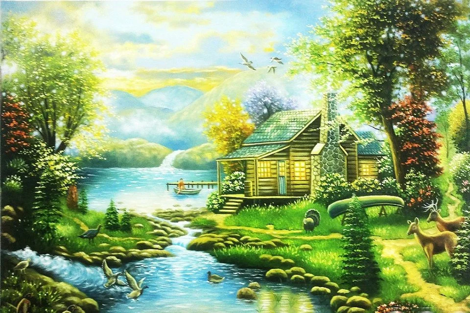 Tranh vẽ phong cảnh ngôi nhà gỗ ven hồ với khung cảnh thiên nhiên thơ mộng