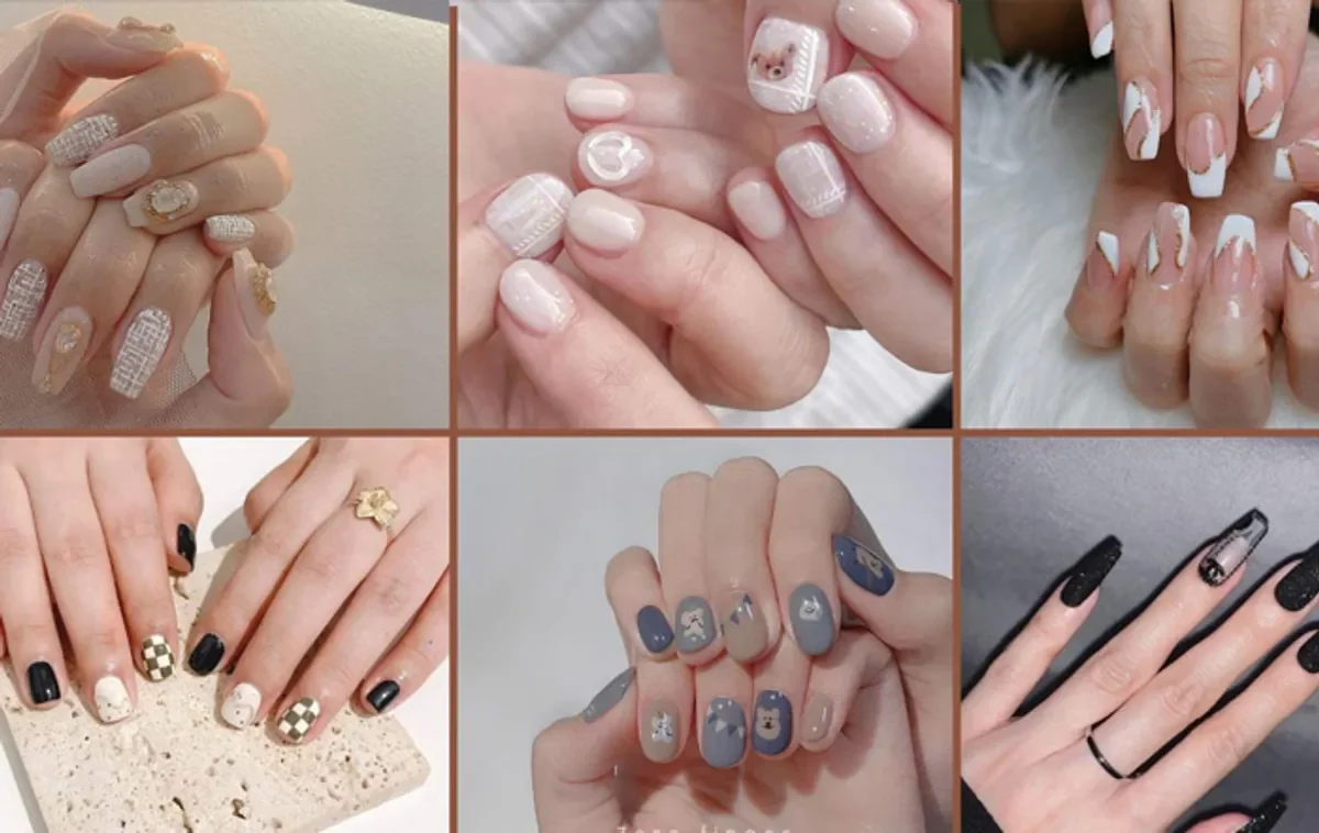 Assortment of nail styles featuring intricate patterns, gems, and French tips, demonstrating beautiful nail art.