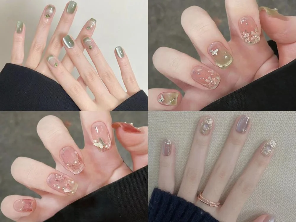 Collection of nail art examples featuring glitter, gems, and abstract designs, showcasing beautiful nail ideas.