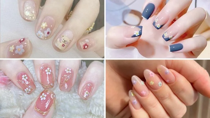 Various nail designs including blue French tips, glitter accents, and subtle floral patterns, highlighting beautiful nail art.