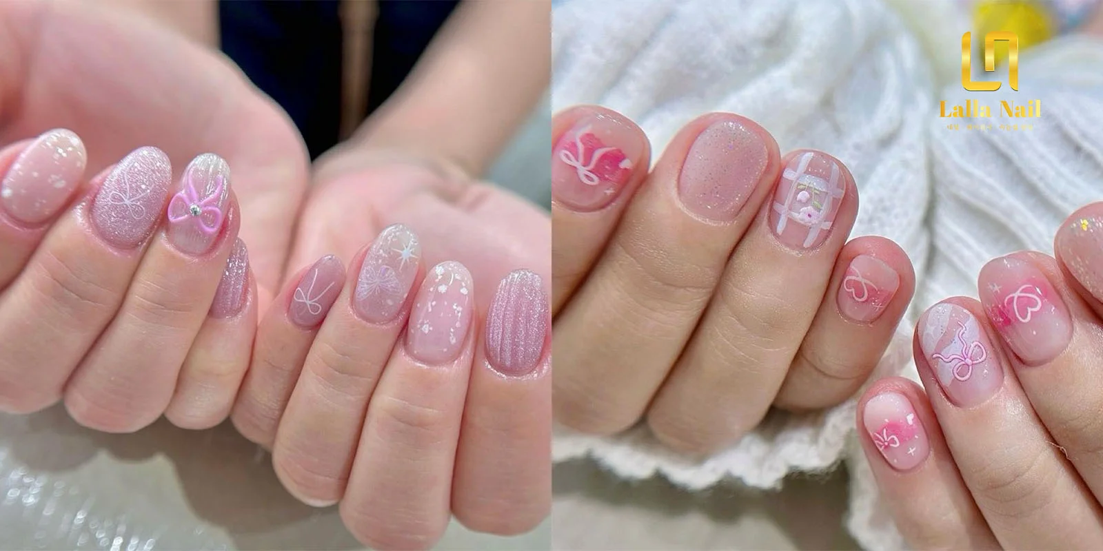 Collection of various pink and white nail designs with floral and glitter accents, showcasing beautiful nail art.