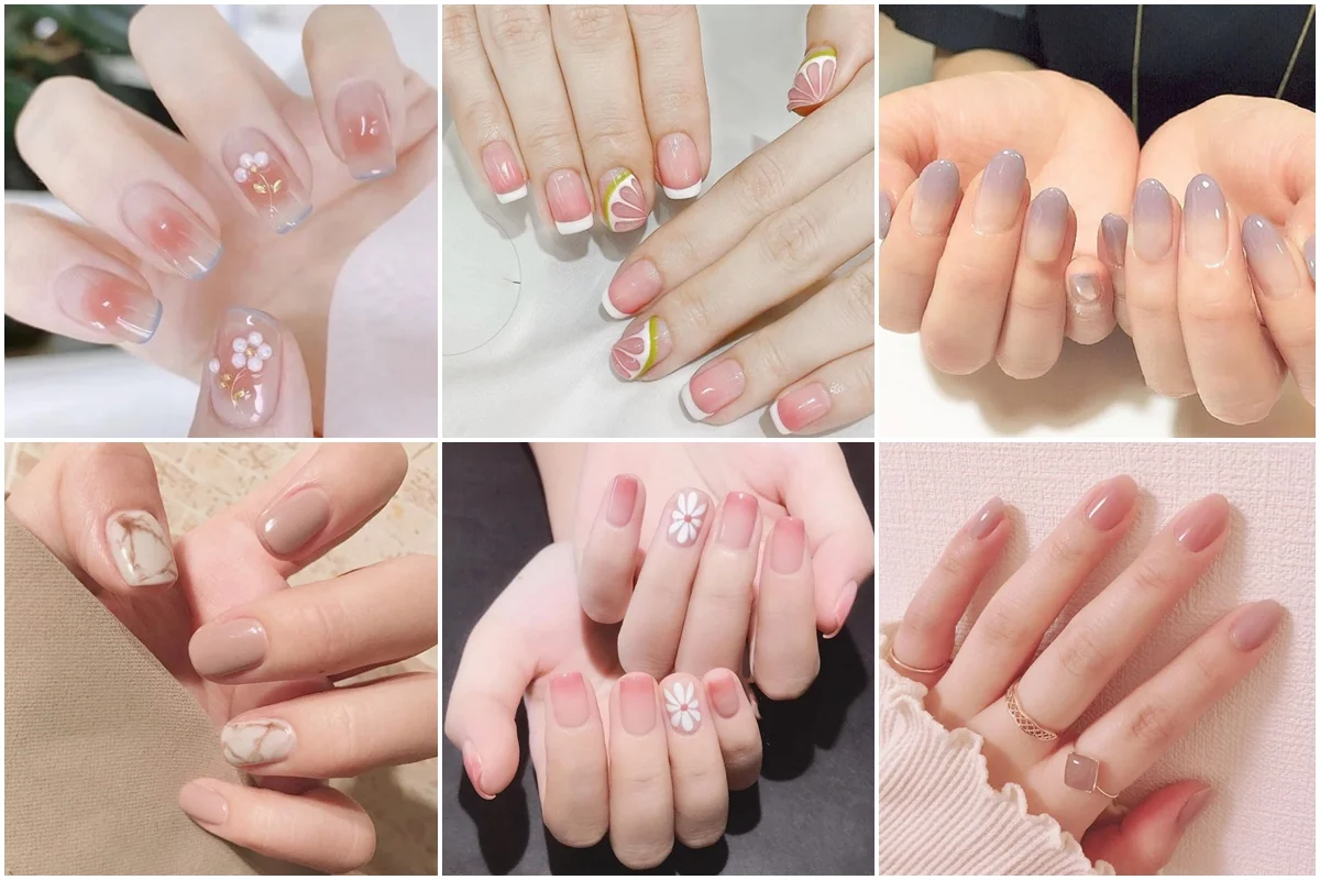 Tổng hợp các mẫu nail đẹp, bao gồm nail trong suốt đính hoa, nail french viền vàng, và nail màu tím khói.
